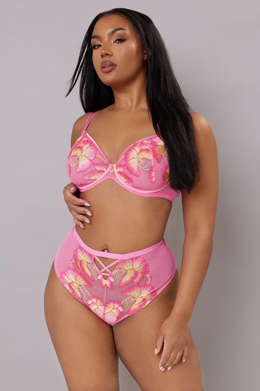 Evans YOURS Curve Pink Butterfly Embroidered Mesh High Waisted Briefs