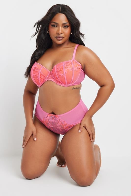 Evans YOURS Curve Pink Contrast Lace Padded Plunge Bra