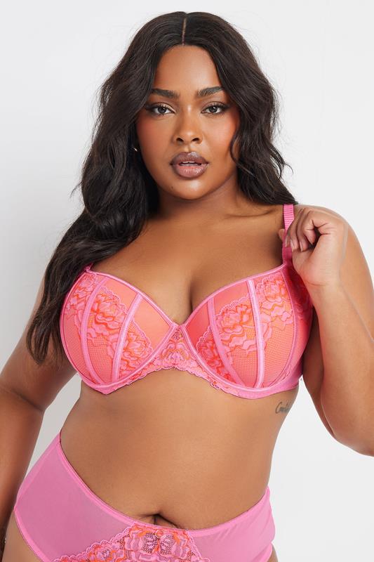evans YOURS Curve Pink Contrast Lace Padded Plunge Bra