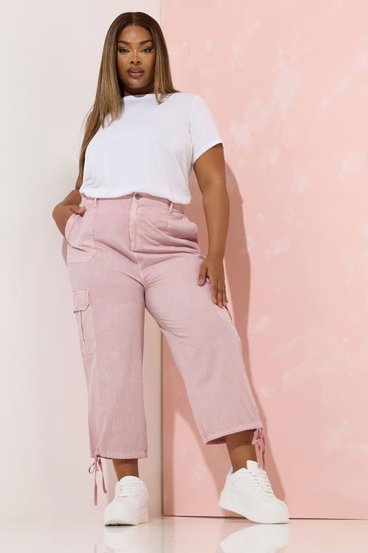 Evans YOURS Curve Pink Cotton Cropped Cargo Trousers