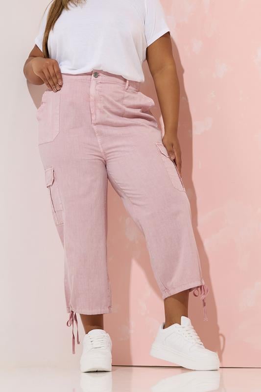 evans YOURS Curve Pink Cotton Cropped Cargo Trousers