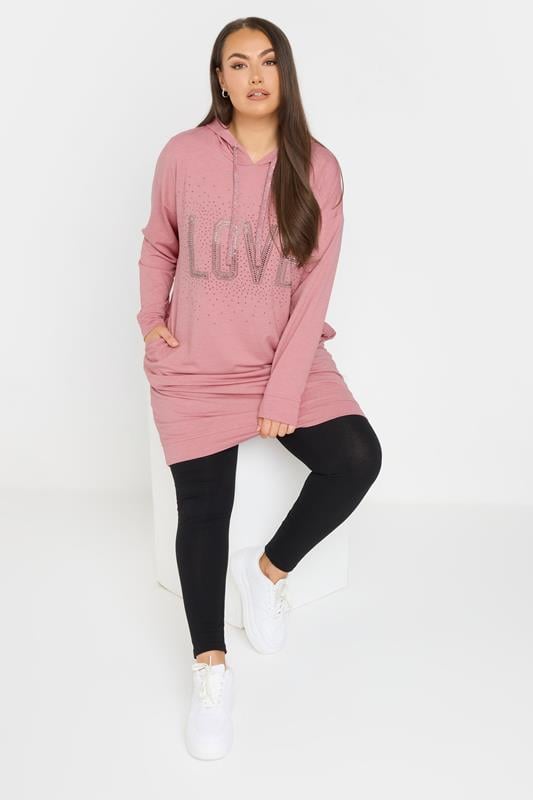 Evans YOURS Curve Pink Diamante Embellished 'Love' Hoodie Dress