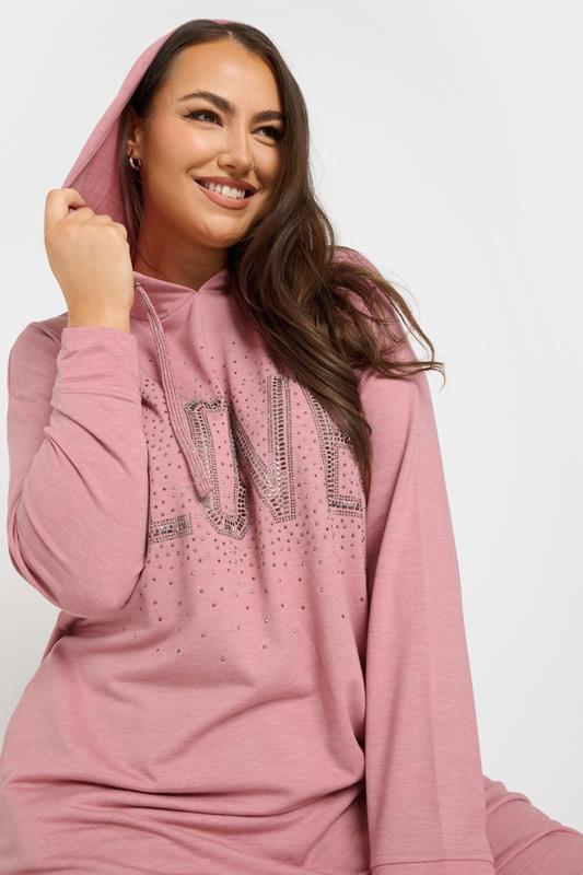 Evans YOURS Curve Pink Diamante Embellished 'Love' Hoodie Dress