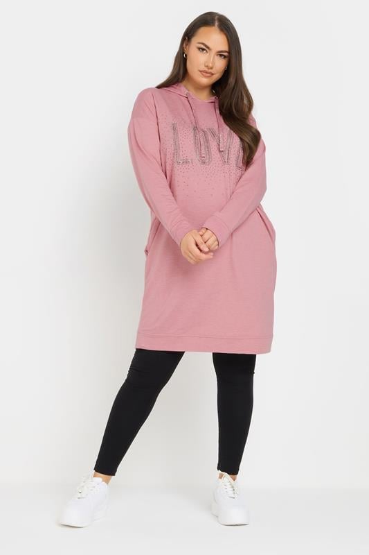 evans YOURS Curve Pink Diamante Embellished 'Love' Hoodie Dress