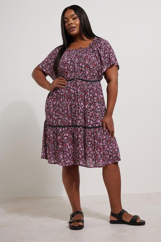 Evans YOURS Curve Pink Ditsy Floral Print Tie Neck Mini Dress