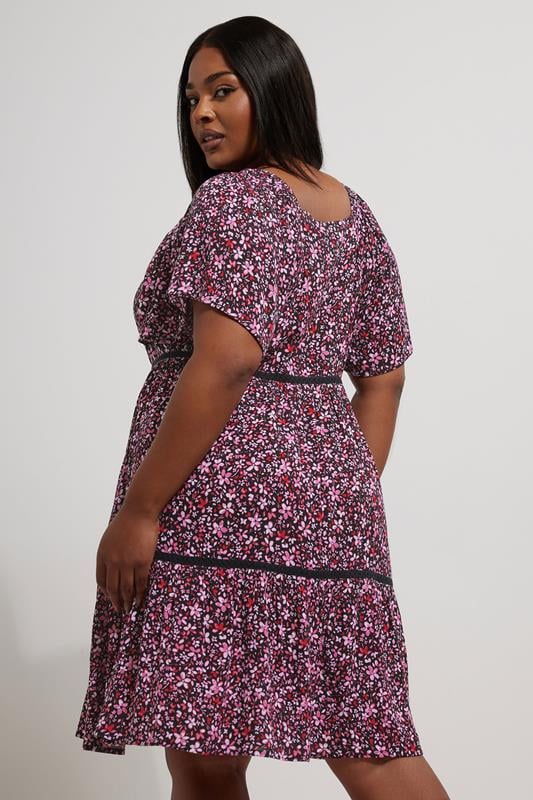 Evans YOURS Curve Pink Ditsy Floral Print Tie Neck Mini Dress