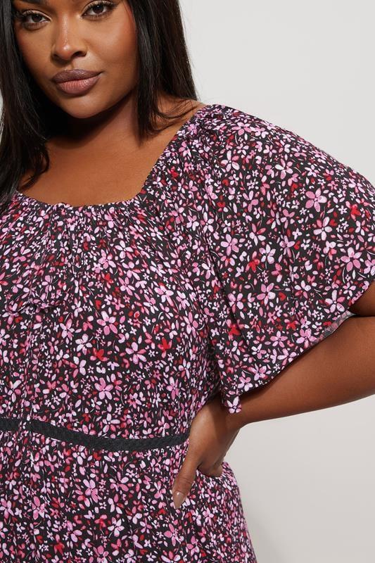 Evans YOURS Curve Pink Ditsy Floral Print Tie Neck Mini Dress