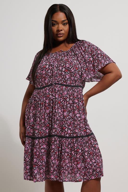 evans YOURS Curve Pink Ditsy Floral Print Tie Neck Mini Dress