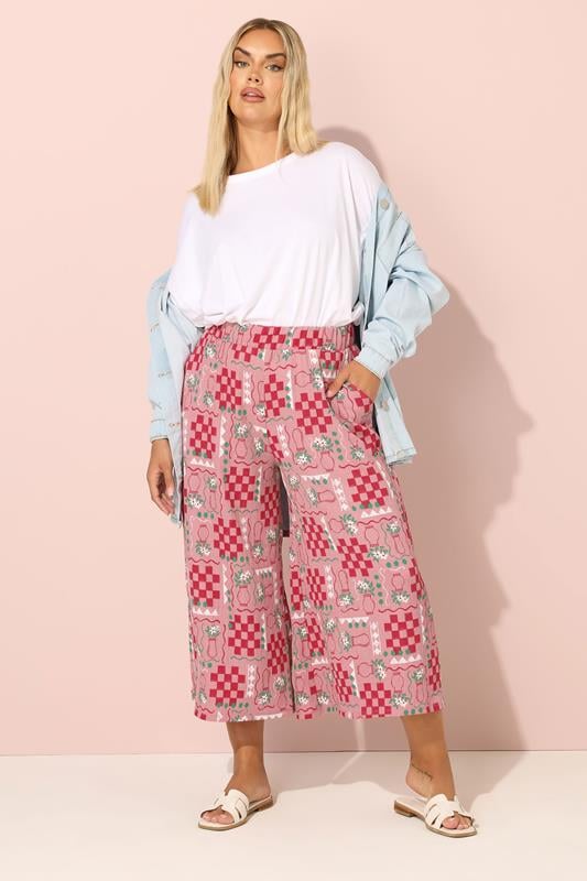 Evans YOURS Curve Pink Floral Check Crinkle Midaxi Culottes