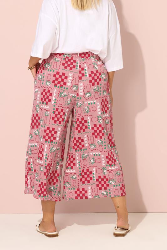 Evans YOURS Curve Pink Floral Check Crinkle Midaxi Culottes