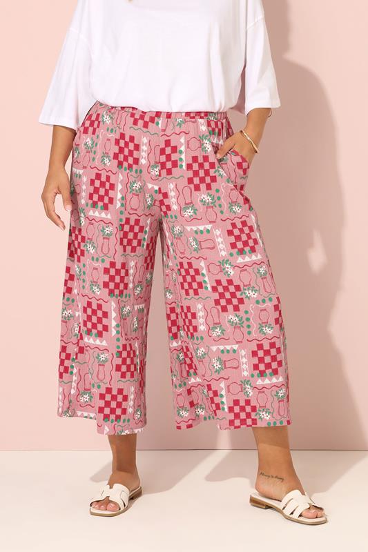 evans YOURS Curve Pink Floral Check Crinkle Midaxi Culottes