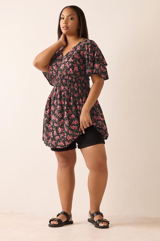 Evans YOURS Curve Pink Floral Print Flutter Sleeve Top