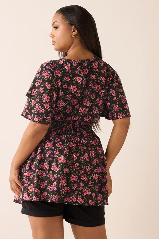 Evans YOURS Curve Pink Floral Print Flutter Sleeve Top
