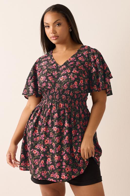 evans YOURS Curve Pink Floral Print Flutter Sleeve Top