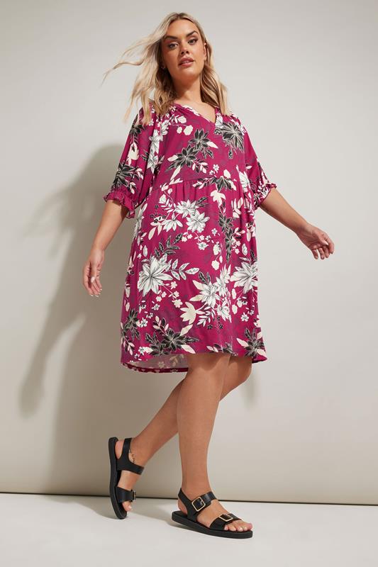 Evans YOURS Curve Pink Floral Print Notch Neck Mini Dress