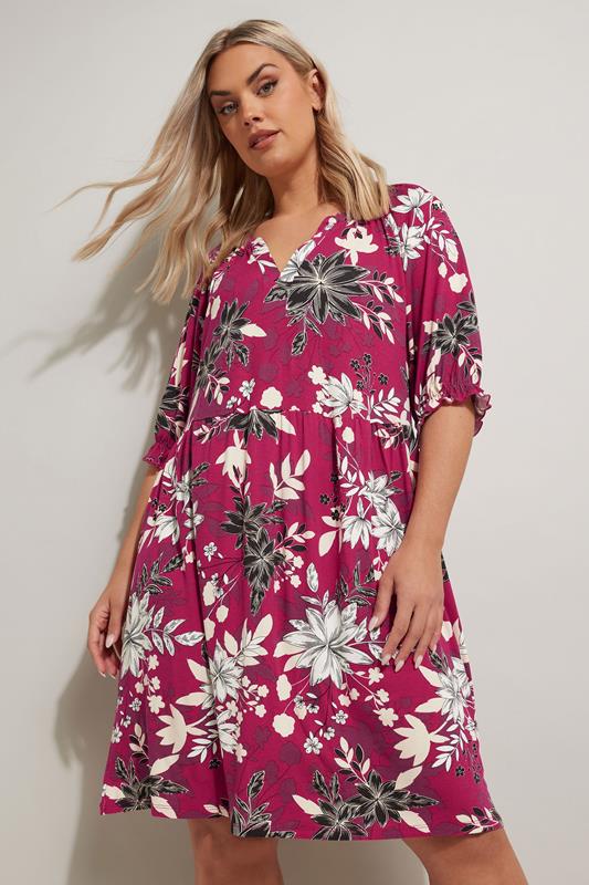 evans YOURS Curve Pink Floral Print Notch Neck Mini Dress