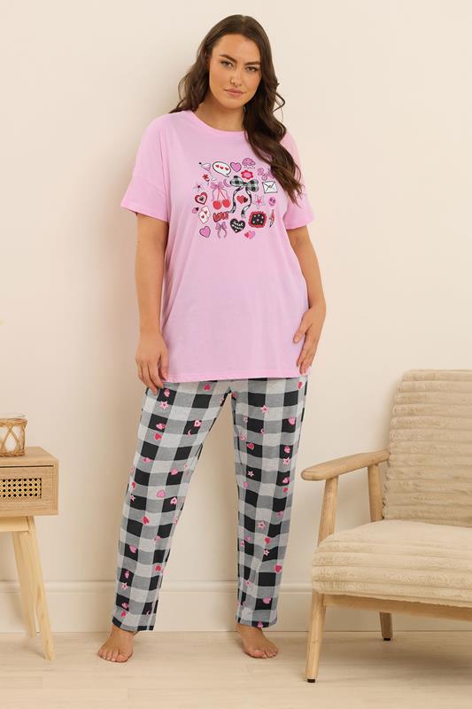 Evans YOURS Curve Pink Gingham Bow Wide Leg Pyjama Set