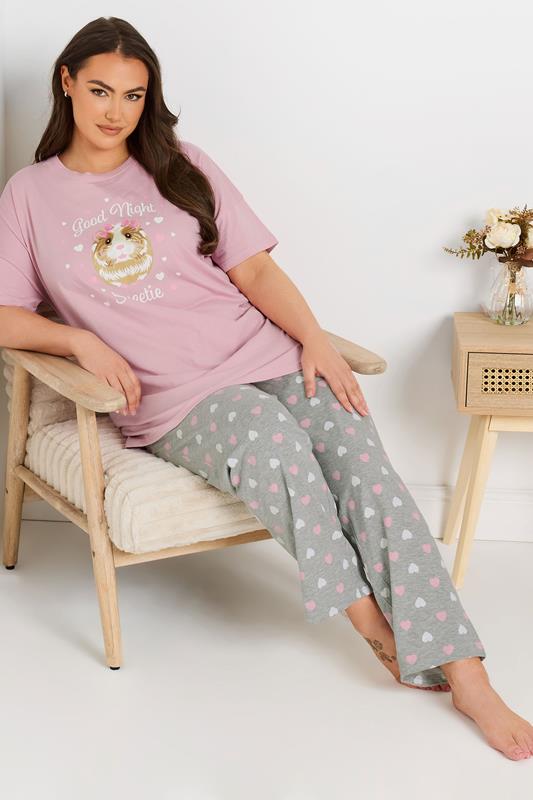 evans YOURS Curve Pink Guinea Pig Wide Leg Pyjama Set