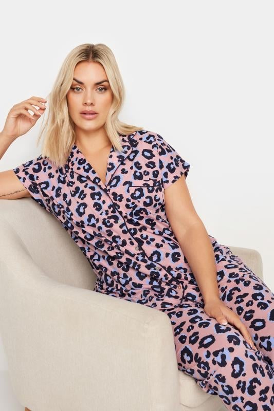 Evans YOURS Curve Pink Leopard Print Button Through Pyjama Set