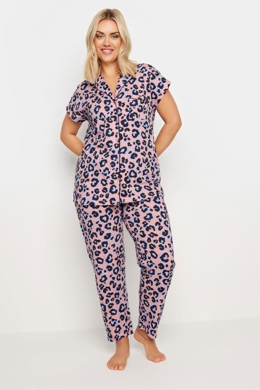 Evans YOURS Curve Pink Leopard Print Button Through Pyjama Set