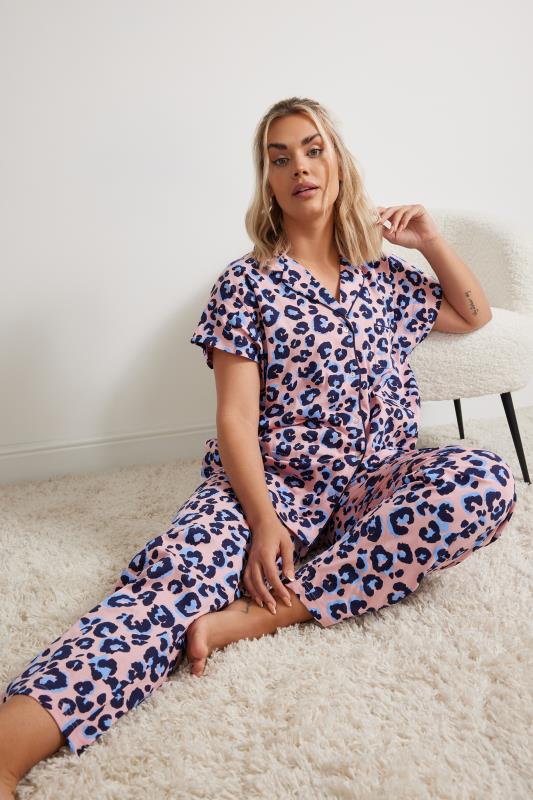 evans YOURS Curve Pink Leopard Print Button Through Pyjama Set