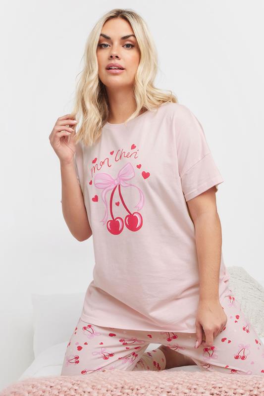Evans YOURS Curve Pink 'Mon Cheri' Cherry Bow Print Pyjama Set