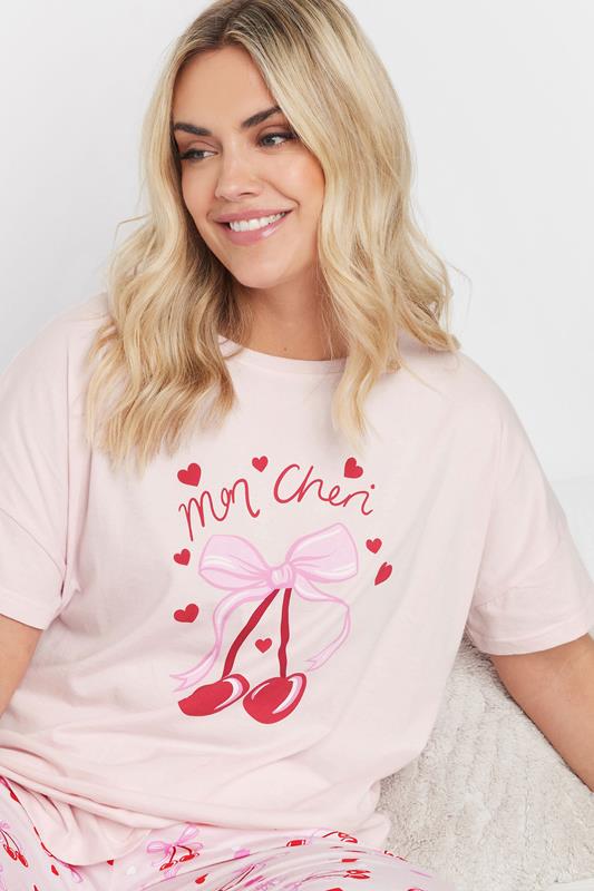 Evans YOURS Curve Pink 'Mon Cheri' Cherry Bow Print Pyjama Set