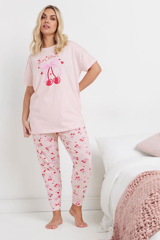 evans YOURS Curve Pink 'Mon Cheri' Cherry Bow Print Pyjama Set