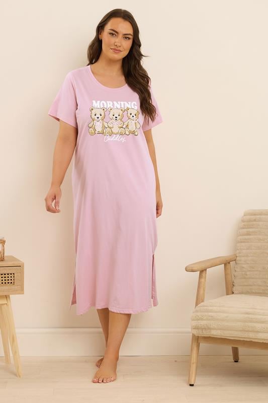 evans YOURS Curve Pink 'Morning Cuddles' Teddy Print Midaxi Nightdress