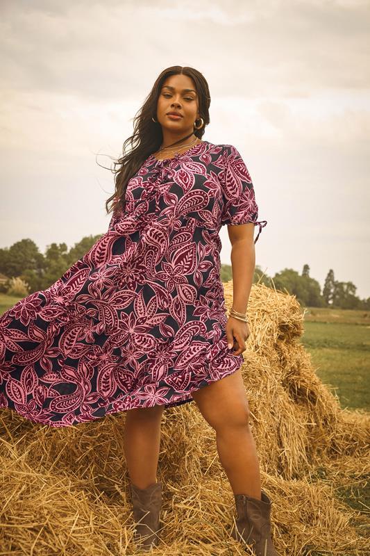 evans YOURS Curve Pink Paisley Bow Tie Detail Maxi Dress