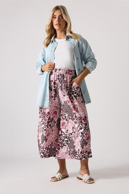 Evans YOURS Curve Pink Paisley Print Textured Cropped Trousers