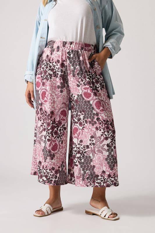 evans YOURS Curve Pink Paisley Print Textured Cropped Trousers
