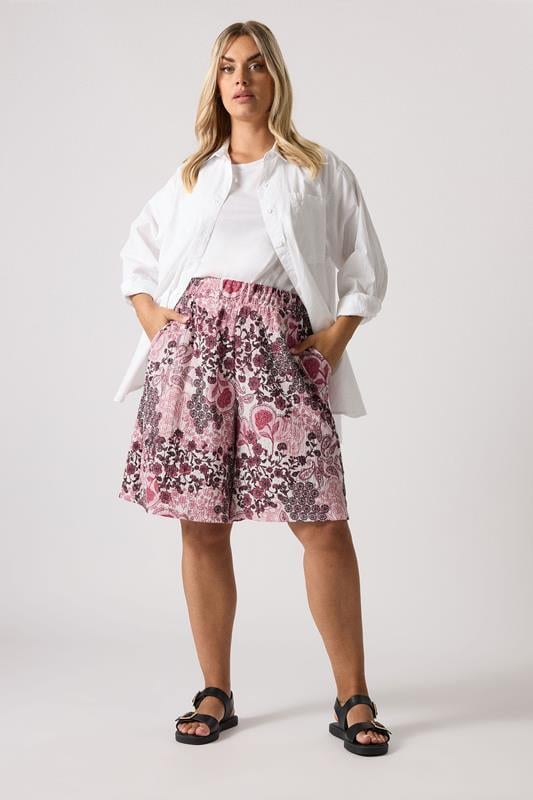 Evans YOURS Curve Pink Paisley Print Textured Shorts