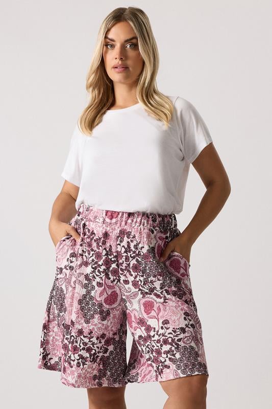 evans YOURS Curve Pink Paisley Print Textured Shorts