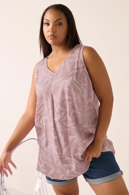 evans YOURS Curve Pink Palm Leaf Pleat Front Vest Top
