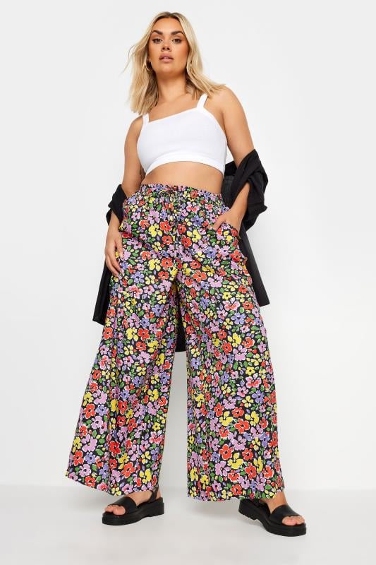 Evans YOURS Curve Pink & Red Ditsy Floral Drawstring Wide Leg Trousers