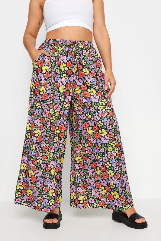 evans YOURS Curve Pink & Red Ditsy Floral Drawstring Wide Leg Trousers