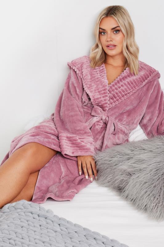 Evans YOURS Curve Pink Ribbed Trim Hooded Dressing Gown