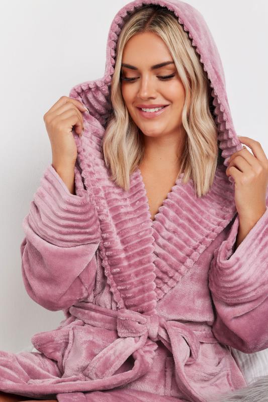 Evans YOURS Curve Pink Ribbed Trim Hooded Dressing Gown