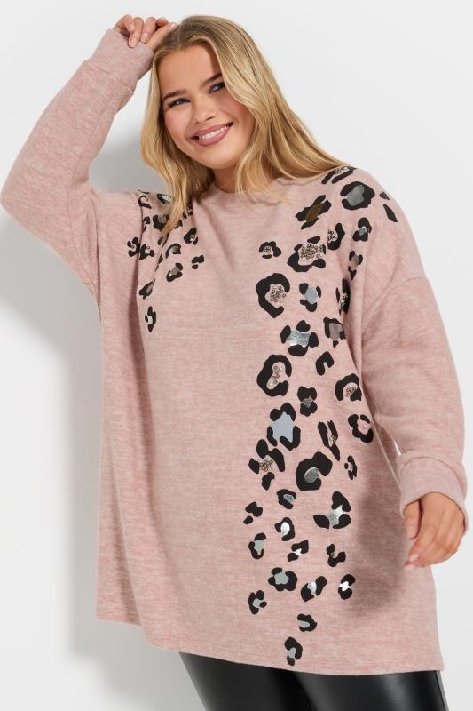 evans YOURS Curve Pink Soft Touch Leopard Print Jumper