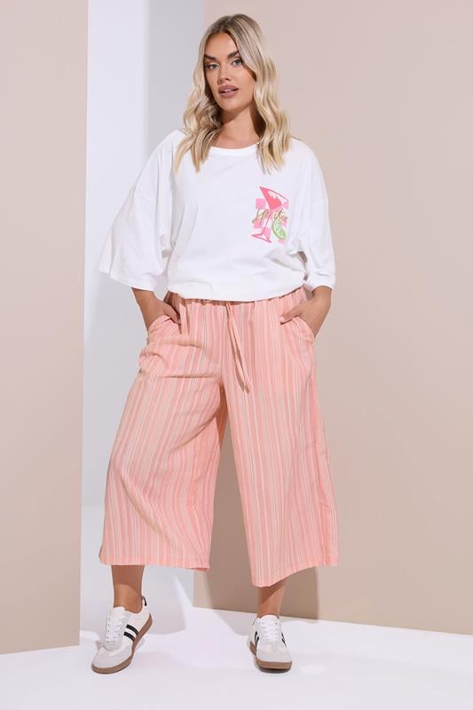 Evans YOURS Curve Pink Stripe Textured Cropped Trousers