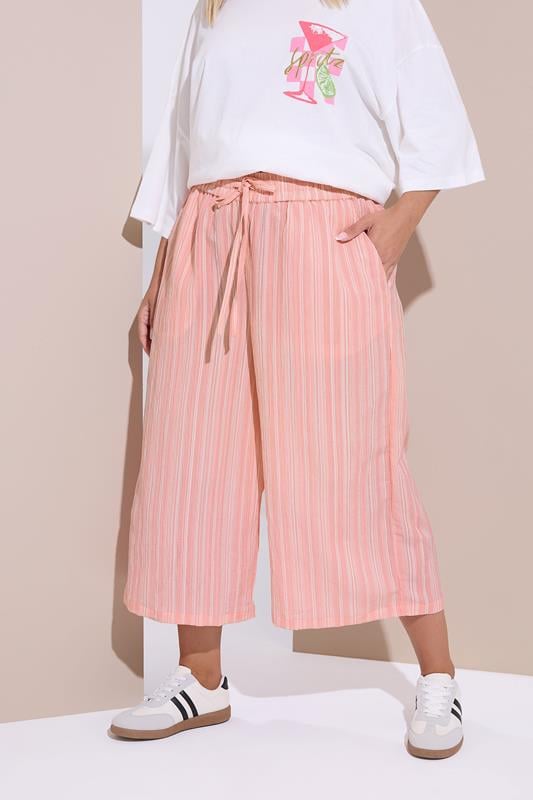 evans YOURS Curve Pink Stripe Textured Cropped Trousers