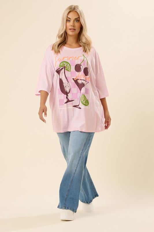 Evans YOURS Curve Pink 'Summer Spritz' Oversized T-Shirt