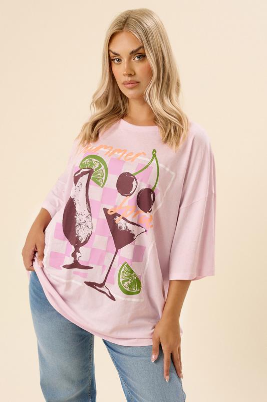 evans YOURS Curve Pink 'Summer Spritz' Oversized T-Shirt
