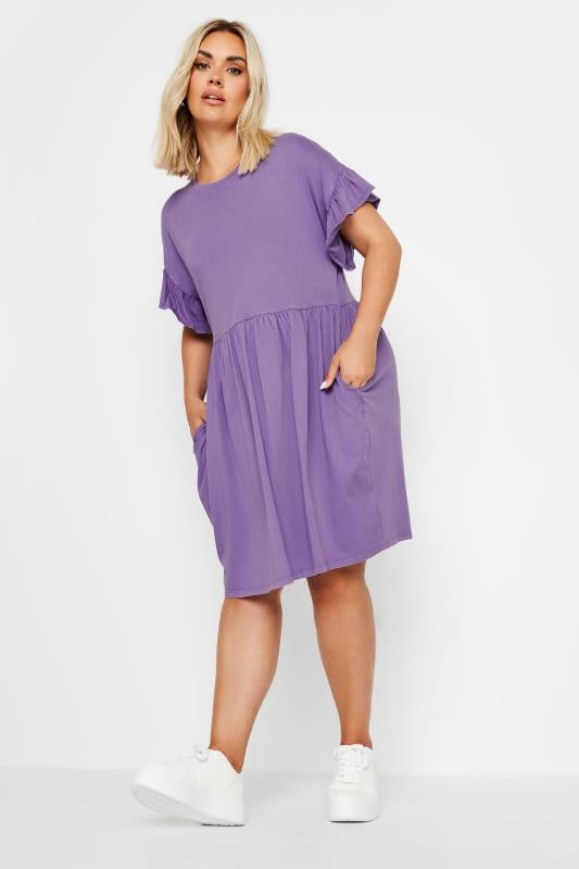 Evans YOURS Curve Purple Acid Wash Frill Sleeve Mini Dress