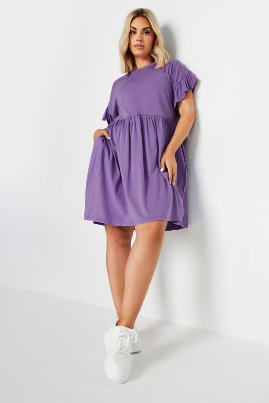 evans YOURS Curve Purple Acid Wash Frill Sleeve Mini Dress