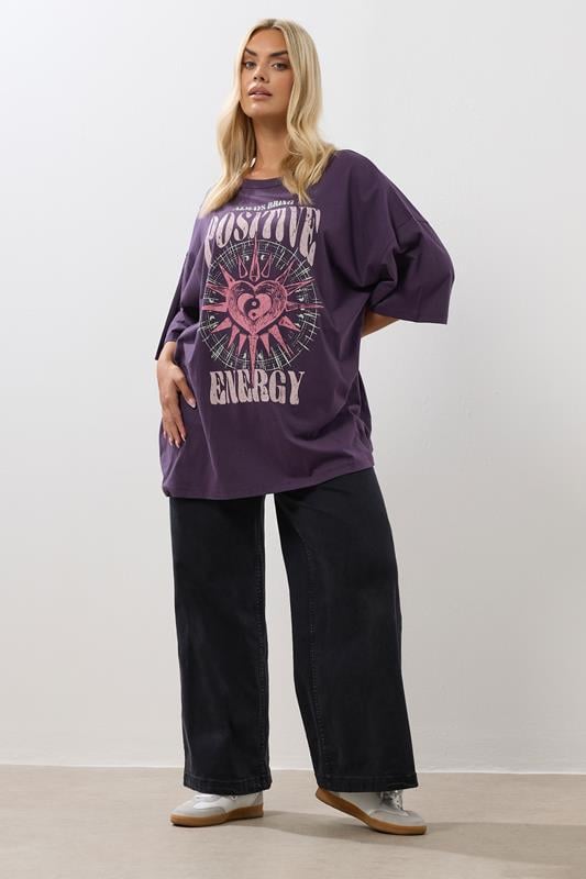 Evans YOURS Curve Purple Acid Wash 'Positive Energy' Oversized T-Shirt