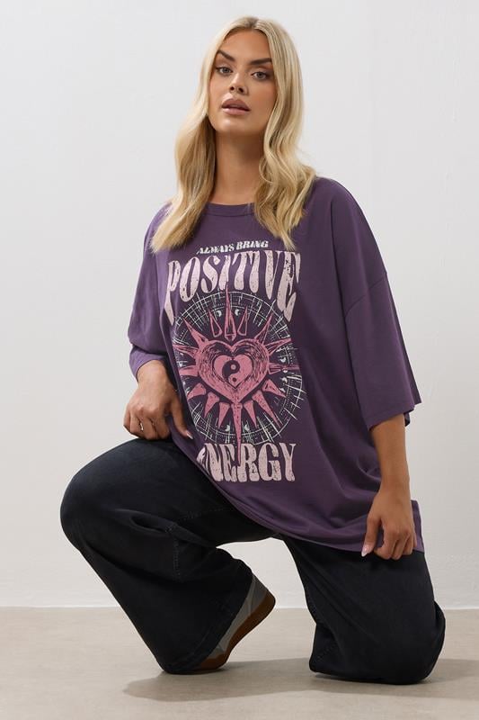evans YOURS Curve Purple Acid Wash 'Positive Energy' Oversized T-Shirt