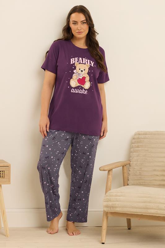 Evans YOURS Curve Purple 'Bearly Awake' Slogan Print Wide Leg Pyjama Set