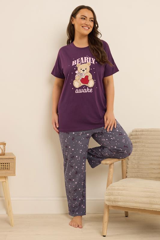 evans YOURS Curve Purple 'Bearly Awake' Slogan Print Wide Leg Pyjama Set